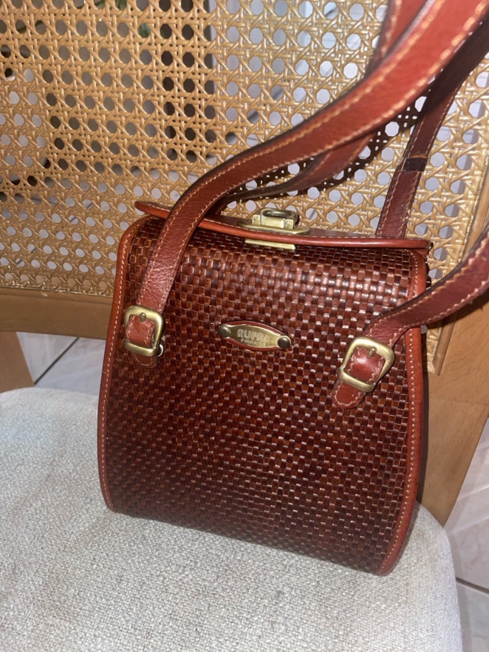 Woven Chestnut Shoulder Bag with Gold Accents